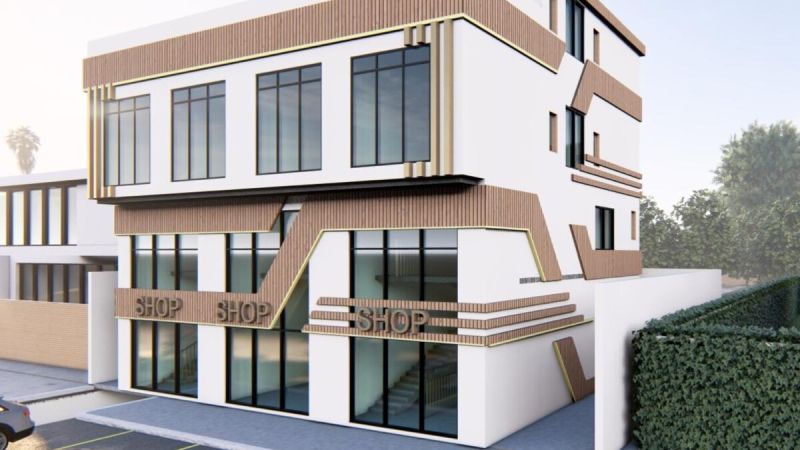 تصميم مبنى تجاري بواجهات حديثة وتفاصيل رأسية
