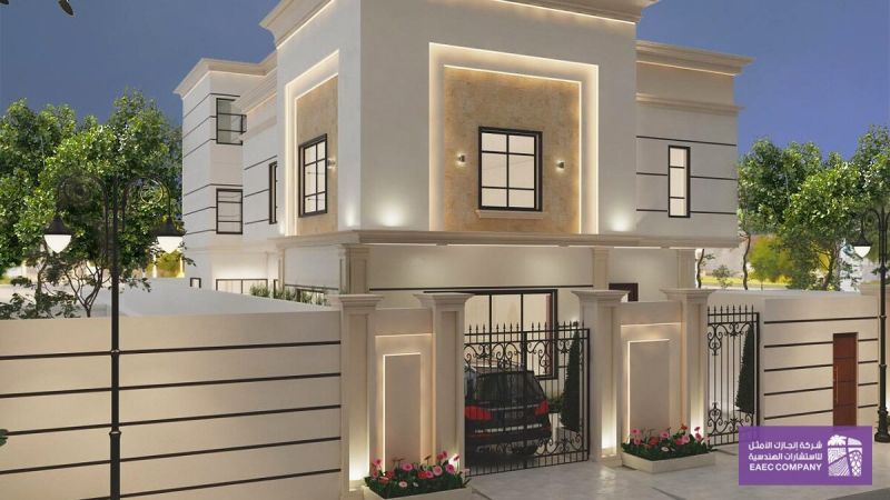 واجهة سكنية بطابع كلاسيكي هادئ وإضاءة خارجية