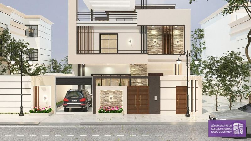 واجهة فيلا سكنية بخطوط حديثة وتفاصيل حجرية