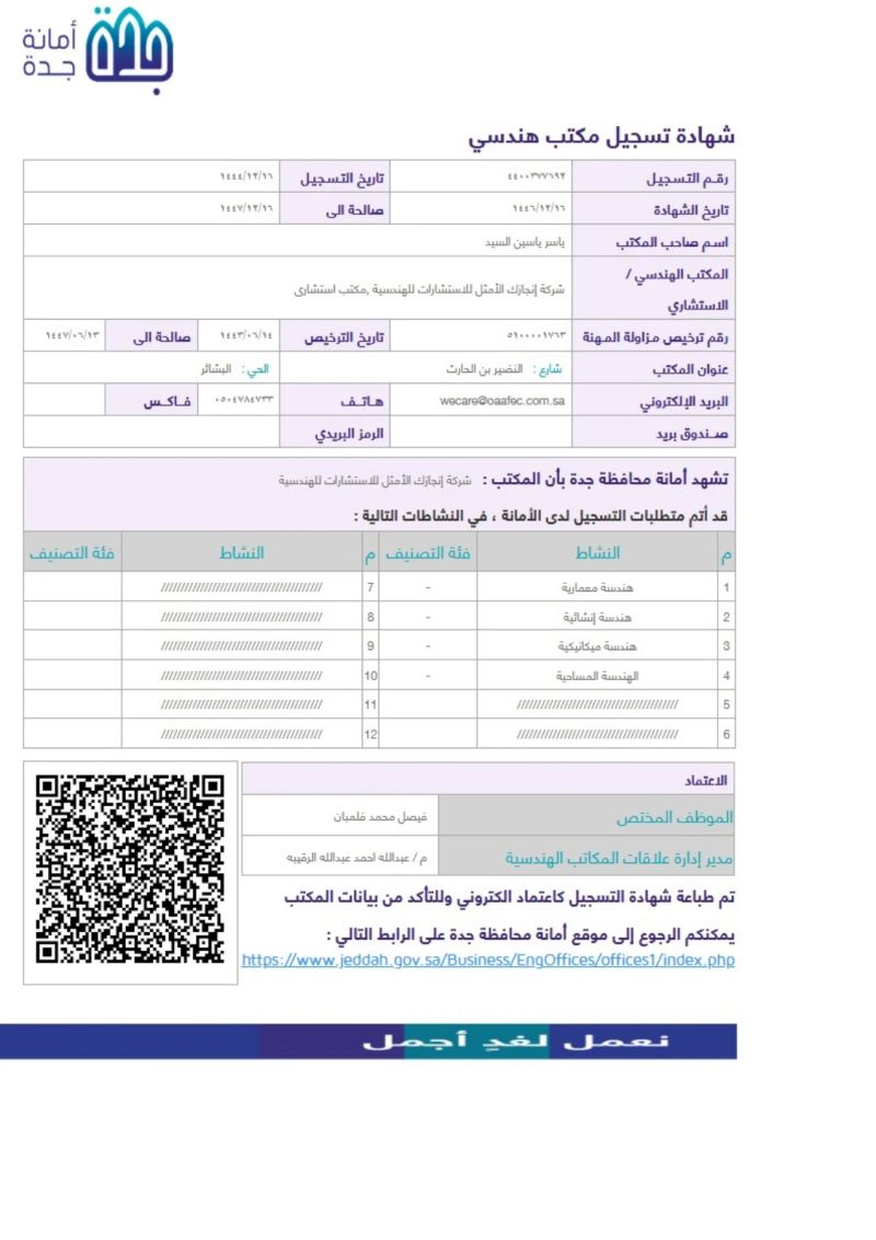 شهادة تسجيل المكتب الهندسي لدى أمانة محافظة جدة